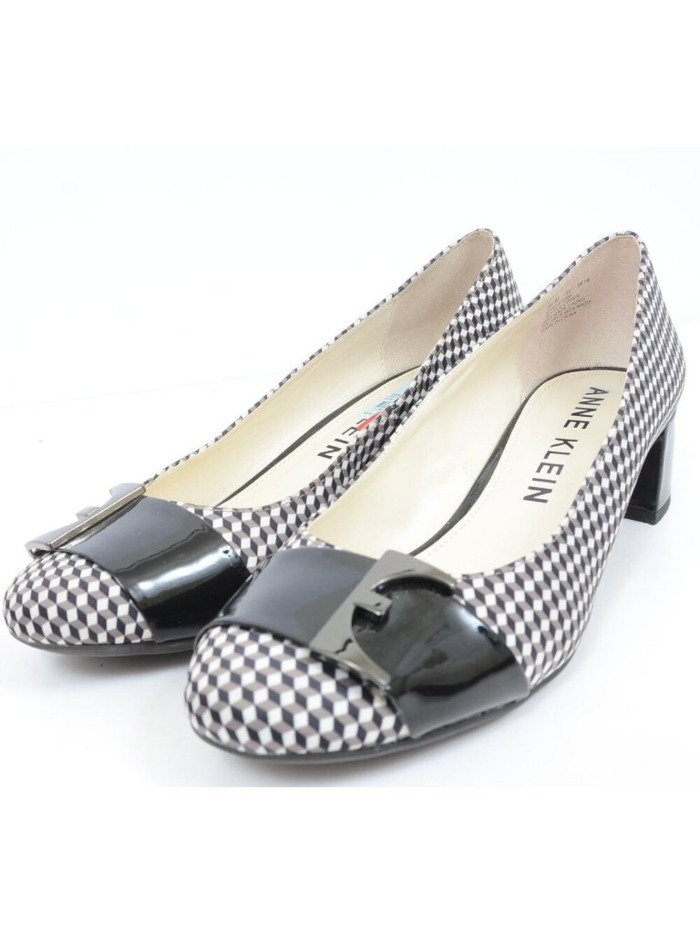 Anne Klein Hastobe Womens 9.5B Checkered Patent Buckle Strap Kitten Heels Pumps